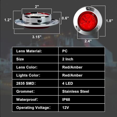 10-Pack (5 Amber + 5 Red) 2" 4 LED Round Trailer Side Marker Lights, Stainless Steel Grommet, DOT Approved, Sealed Flush Mount, IP67 Waterproof, 12V for Truck RV Camper in Saudi Arabia