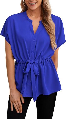 AWULIFFAN Women's Button Down Blouses Casual Peplum Summer Tops Short Sleeve Work Chiffon Shirts in Kuwait
