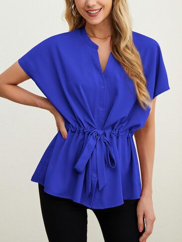 AWULIFFAN Women's Button Down Blouses Casual Peplum Summer Tops Short Sleeve Work Chiffon Shirts in Kuwait
