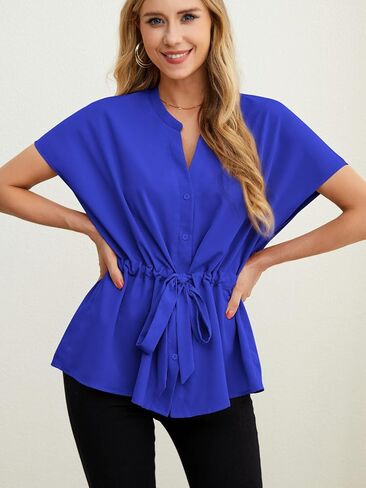 AWULIFFAN Women's Button Down Blouses Casual Peplum Summer Tops Short Sleeve Work Chiffon Shirts in Kuwait