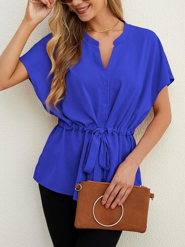 AWULIFFAN Women's Button Down Blouses Casual Peplum Summer Tops Short Sleeve Work Chiffon Shirts in Kuwait