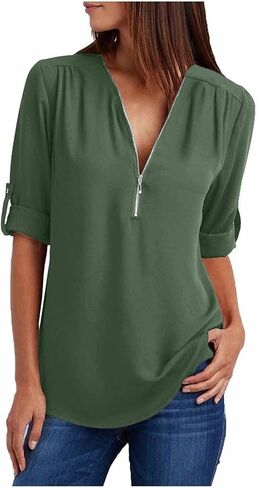 Womens Casual Zipper Chiffon Blouse Long Sleeve Loose Fit Shirt V Neck Solid Color Tops Plus Size in Kuwait