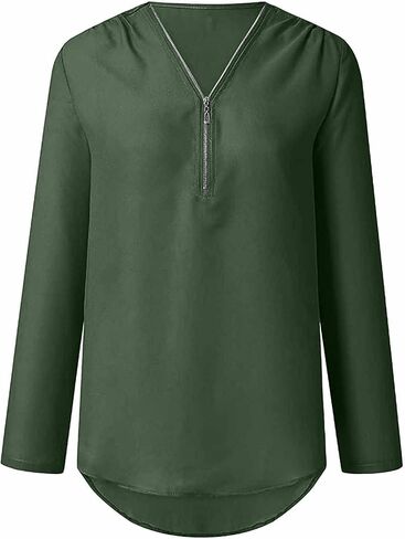 Womens Casual Zipper Chiffon Blouse Long Sleeve Loose Fit Shirt V Neck Solid Color Tops Plus Size in Kuwait