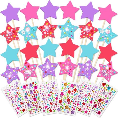 Juexica 24 Pcs Princess Fairy Wand Kit Includes 24 Make Your Own Princess Wand 2 Styles Unfinished Wooden Fairy Wand and 6 Gem Stickers for Girls DIY Magical Crafts in Kuwait