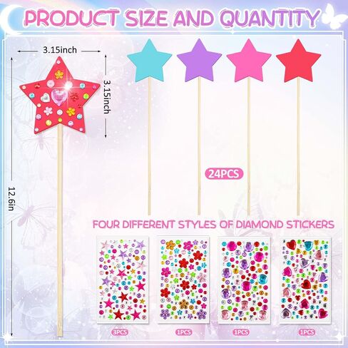 Juexica 24 Pcs Princess Fairy Wand Kit Includes 24 Make Your Own Princess Wand 2 Styles Unfinished Wooden Fairy Wand and 6 Gem Stickers for Girls DIY Magical Crafts in Kuwait