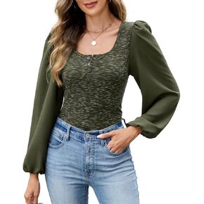 Heytalala Womens Puff Long Sleeve Tunic Tops Button أسفل بلوزة رقبة مربعة فضفاضة تناسب القميص الأساسي T legant tee tee in Kuwait