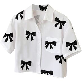 SweatyRocks Women's Bow Print Button Up Blouses Crop Top Collar Short Sleeve Shirts in Saudi Arabia