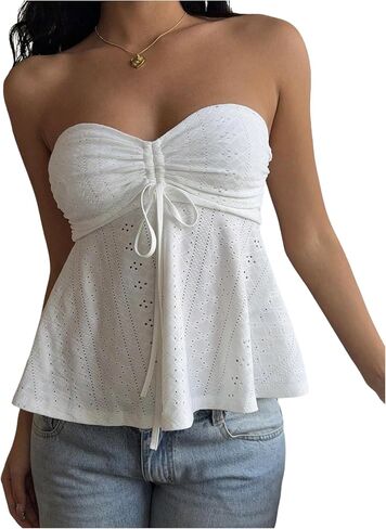 Milumia Women's Eyelet Embroidery Tie Front Ruched Bandeau Tube Top Strapless Flared Peplum Tank Tops in Kuwait