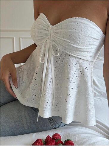 Milumia Women's Eyelet Embroidery Tie Front Ruched Bandeau Tube Top Strapless Flared Peplum Tank Tops in Kuwait