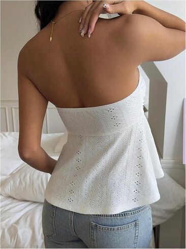 Milumia Women's Eyelet Embroidery Tie Front Ruched Bandeau Tube Top Strapless Flared Peplum Tank Tops in Kuwait