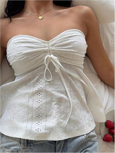 Milumia Women's Eyelet Embroidery Tie Front Ruched Bandeau Tube Top Strapless Flared Peplum Tank Tops in Kuwait