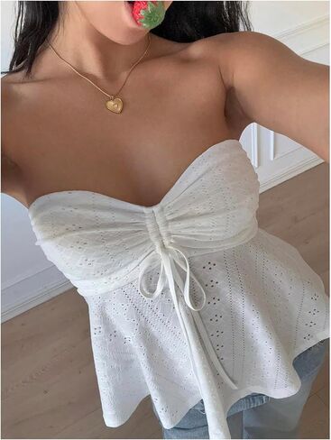 Milumia Women's Eyelet Embroidery Tie Front Ruched Bandeau Tube Top Strapless Flared Peplum Tank Tops in Kuwait