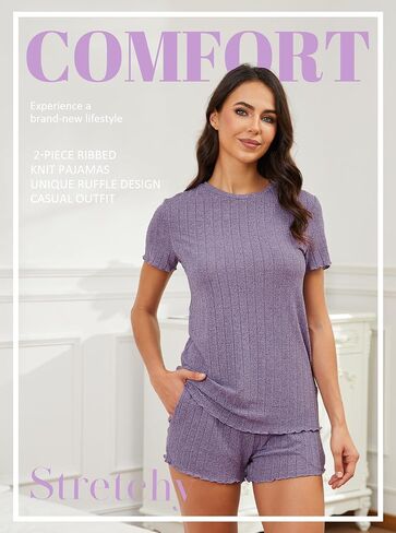 Hellomamma Womens Summer Pajama Sets: Crew Neck 2 Piece Short Lounge Sets Ribbed Knitted Pjs Soft Comfy for Postpartum Casual in Kuwait