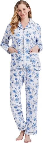 amaxer Women's Warm Pjs Flannel Pajamas Set 100% Cotton Sleepwear Button Pajama Set with Elastic Drawstring in Kuwait