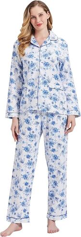 amaxer Women's Warm Pjs Flannel Pajamas Set 100% Cotton Sleepwear Button Pajama Set with Elastic Drawstring in Kuwait