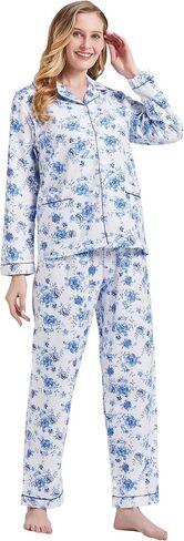 amaxer Women's Warm Pjs Flannel Pajamas Set 100% Cotton Sleepwear Button Pajama Set with Elastic Drawstring in Kuwait