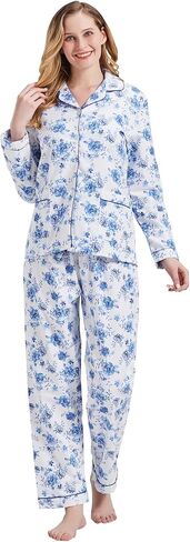 amaxer Women's Warm Pjs Flannel Pajamas Set 100% Cotton Sleepwear Button Pajama Set with Elastic Drawstring in Kuwait