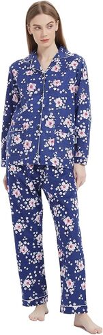 amaxer Women's Warm Pjs Flannel Pajamas Set 100% Cotton Sleepwear Button Pajama Set with Elastic Drawstring in Kuwait