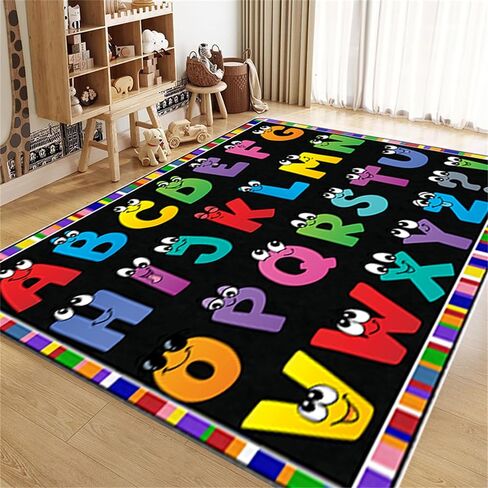 Kids Area Rug English Characters ABC and Math Symbols Learning Carpets, Lovely Black Foldable Large Area Rugs Perfect for Dining Room Bedside Kids Boys Bedroom Playroom Hallway, 6x9ft in Saudi Arabia