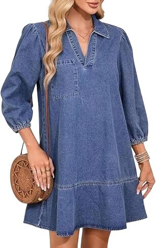 yoeasy Women's 3/4 Puff Sleeve V Neck Denim Dress Fashion Fall Casual Loose Fit Babydoll Jean Shirt Dresses in Kuwait