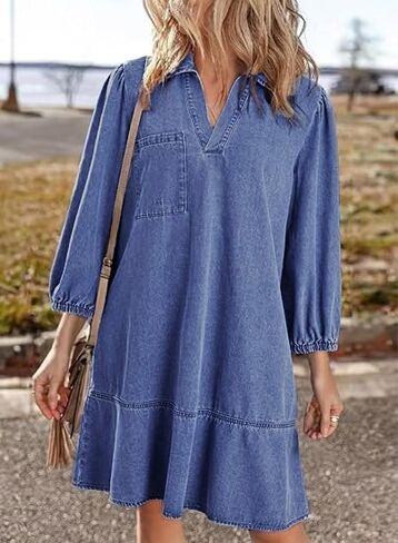 yoeasy Women's 3/4 Puff Sleeve V Neck Denim Dress Fashion Fall Casual Loose Fit Babydoll Jean Shirt Dresses in Kuwait