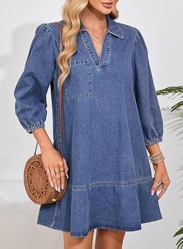 yoeasy Women's 3/4 Puff Sleeve V Neck Denim Dress Fashion Fall Casual Loose Fit Babydoll Jean Shirt Dresses in Kuwait