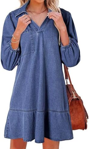 yoeasy Women's 3/4 Puff Sleeve V Neck Denim Dress Fashion Fall Casual Loose Fit Babydoll Jean Shirt Dresses in Kuwait