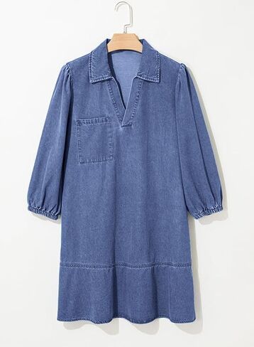 yoeasy Women's 3/4 Puff Sleeve V Neck Denim Dress Fashion Fall Casual Loose Fit Babydoll Jean Shirt Dresses in Kuwait