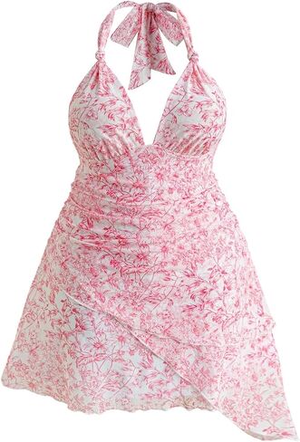 Wdirara Women's Plus Floral Print Printless Halter Dress Bress Boho Tie Backless Frick Short in Kuwait