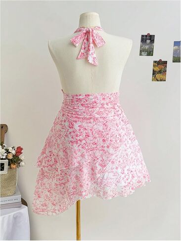 Wdirara Women's Plus Floral Print Printless Halter Dress Bress Boho Tie Backless Frick Short in Kuwait