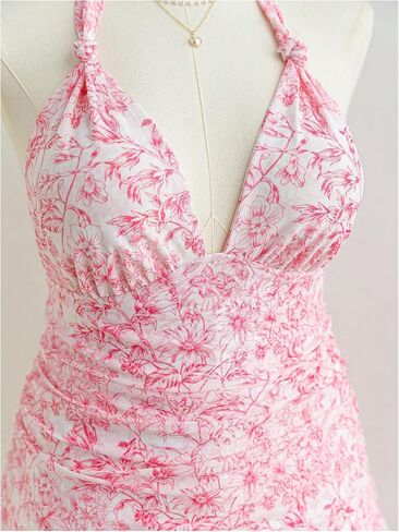 Wdirara Women's Plus Floral Print Printless Halter Dress Bress Boho Tie Backless Frick Short in Kuwait