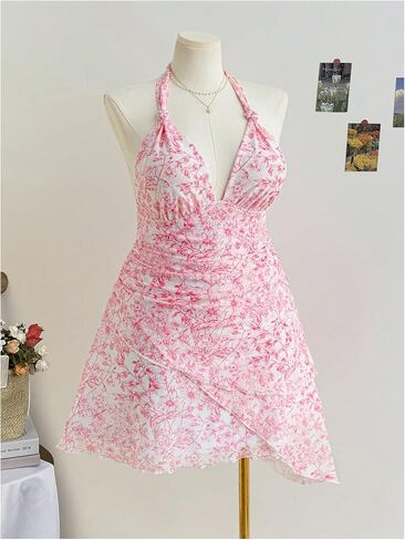 Wdirara Women's Plus Floral Print Printless Halter Dress Bress Boho Tie Backless Frick Short in Kuwait