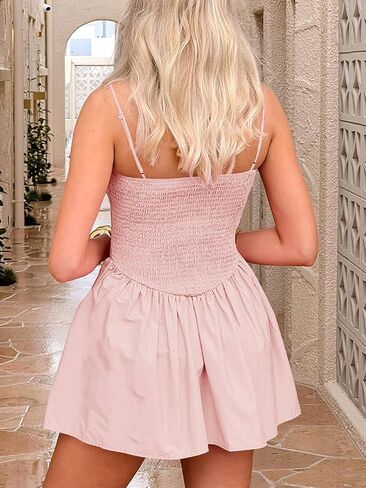 Women's Smocked Mini Dresses Summer Beach Sundress High Waist Casual Spaghetti Strap Swing A Line Babydoll Mini Dress in Kuwait