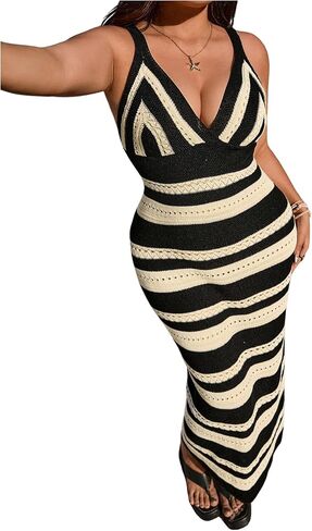 GORGLITTER Women's Plus Size Crochet Bodycon Maxi Dress Striped Sleeveless Knit Beach Long Sundress in Saudi Arabia