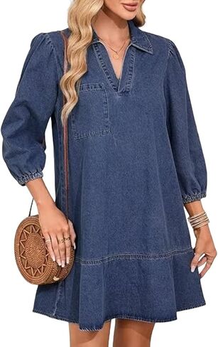 yoeasy Women's 3/4 Puff Sleeve V Neck Denim Dress Fashion Fall Casual Loose Fit Babydoll Jean Shirt Dresses in Kuwait