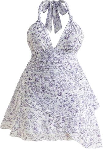 Wdirara Women's Plus Floral Print Printless Halter Dress Bress Boho Tie Backless Frick Short in Kuwait