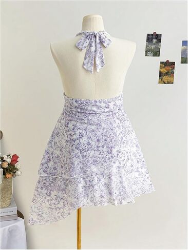 Wdirara Women's Plus Floral Print Printless Halter Dress Bress Boho Tie Backless Frick Short in Kuwait