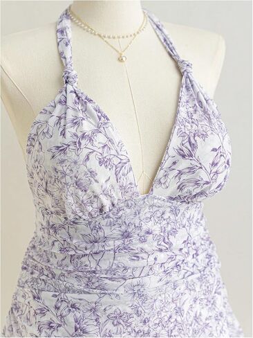 Wdirara Women's Plus Floral Print Printless Halter Dress Bress Boho Tie Backless Frick Short in Kuwait