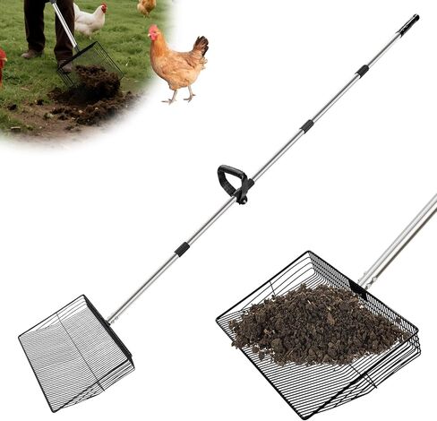 HitTopss Metal Chicken Poop Scooper, 10 Inches-Wide Large Chicken Coop Scoop with 24" to 68" Adjustable Stainless Steel Handle, Litter Sifting Shovel Chicken Coop Ccooper for Sand, Pet, Chicken, Cat in Saudi Arabia