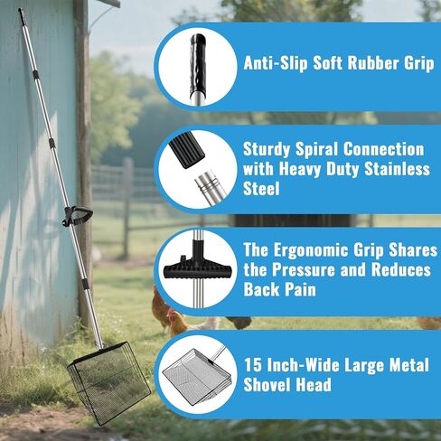 HitTopss Metal Chicken Poop Scooper, 10 Inches-Wide Large Chicken Coop Scoop with 24" to 68" Adjustable Stainless Steel Handle, Litter Sifting Shovel Chicken Coop Ccooper for Sand, Pet, Chicken, Cat in Saudi Arabia