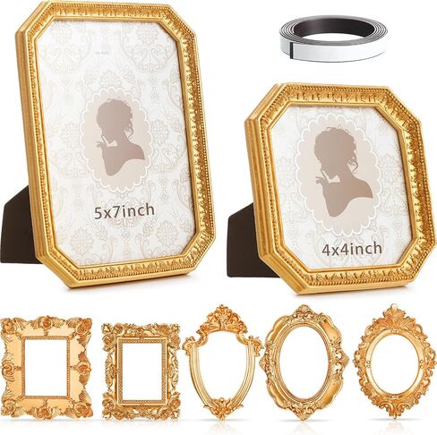 7 Pcs Vintage Resin Picture Frames Set Antique Gold Mini Photo Frames Small Baroque Oval Rectangle Ornate for Home Wedding Display 4x4, 5x7inch(Classic Style) in Kuwait