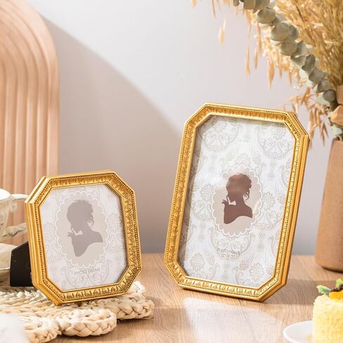 7 Pcs Vintage Resin Picture Frames Set Antique Gold Mini Photo Frames Small Baroque Oval Rectangle Ornate for Home Wedding Display 4x4, 5x7inch(Classic Style) in Kuwait