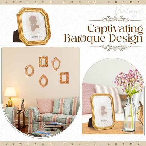 7 Pcs Vintage Resin Picture Frames Set Antique Gold Mini Photo Frames Small Baroque Oval Rectangle Ornate for Home Wedding Display 4x4, 5x7inch(Classic Style) in Kuwait