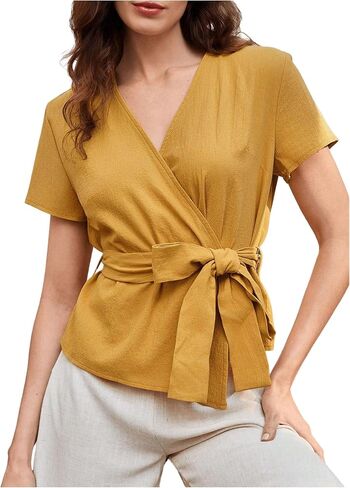 SHENHE Women's Summer Short Sleeve Wrap Blouse V Neck Belted Dressy Casual Work Top Shirt in Saudi Arabia