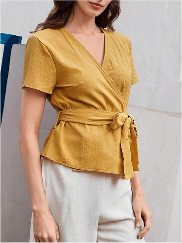 SHENHE Women's Summer Short Sleeve Wrap Blouse V Neck Belted Dressy Casual Work Top Shirt in Saudi Arabia