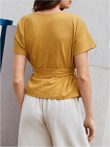 SHENHE Women's Summer Short Sleeve Wrap Blouse V Neck Belted Dressy Casual Work Top Shirt in Saudi Arabia