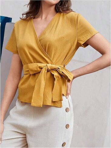 SHENHE Women's Summer Short Sleeve Wrap Blouse V Neck Belted Dressy Casual Work Top Shirt in Saudi Arabia