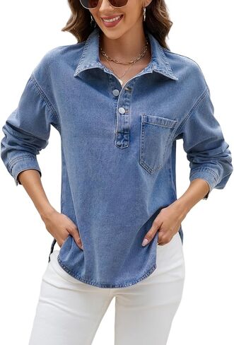 Denim Tops for Women Long Sleeve Denim Shirt Blouses Button Up Pullover Jean Shirt with Pocket in Saudi Arabia