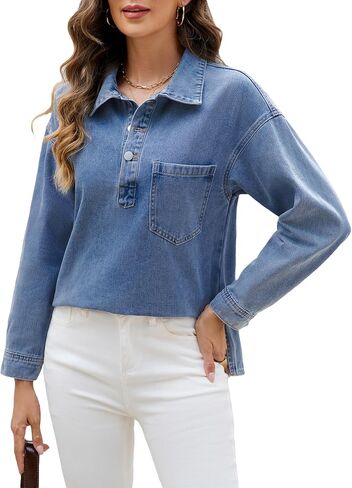 Denim Tops for Women Long Sleeve Denim Shirt Blouses Button Up Pullover Jean Shirt with Pocket in Saudi Arabia