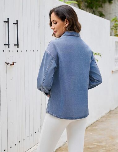 Denim Tops for Women Long Sleeve Denim Shirt Blouses Button Up Pullover Jean Shirt with Pocket in Saudi Arabia